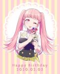  1girl belt dated fire_emblem fire_emblem:_three_houses flower garreg_mach_monastery_uniform happy_birthday highres hilda_valentine_goneril hiyori_(rindou66) long_hair one_eye_closed pink_eyes pink_hair solo tongue tongue_out twintails uniform upper_body 