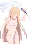  1girl abigail_williams_(fate/grand_order) bangs bikini blonde_hair blush breasts closed_eyes closed_mouth collarbone fate/grand_order fate_(series) forehead highres hose jilu long_hair navel parted_bangs simple_background small_breasts smile solo swimsuit thighs water white_background white_bikini 