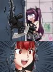  2girls absurdres architect_(girls_frontline) asymmetrical_clothes axe bangs cz-75_(girls_frontline) eyebrows_visible_through_hair girls_frontline here&#039;s_johnny! highres holding holding_paintbrush indoors long_hair multiple_girls one_side_up open_mouth paintbrush parody purple_hair red_eyes redhead sangvis_ferri scared teeth the_shining the_sourkraut 