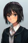  1girl amagami black_hair blush brown_eyes closed_mouth hankuri looking_at_viewer nanasaki_ai school_uniform short_hair simple_background smile solo 