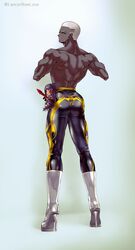  1boy ass back boots buzz_cut character_doll dark_skin dark_skinned_male emiya_alter fate/grand_order fate_(series) from_behind high_heel_boots high_heels highres kim_yura_(goddess_mechanic) male_focus mini_cu-chan muscle shirtless solo white_hair yellow_eyes 