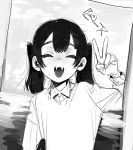  1girl ^_^ bangs closed_eyes eyebrows facing_viewer fangs fingernails greyscale hand_up happy long_sleeves monochrome nostrils open_mouth original outdoors sky solo sweater teeth twintails uomi_(eqtjc) upper_body upper_teeth v wing_collar |d 