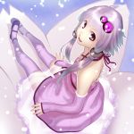  1girl dress elbow_gloves gloves hair_ornament highres legs looking_at_viewer open_mouth purple_hair short_hair_with_long_locks smile solo soon thigh-highs twintails violet_eyes vocaloid yuzuki_yukari 