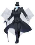  1boy badge belt black_coat black_headwear blue_fire cane coat dated fire formal gloves hat highres holding holding_cane invisible_man male_focus original shigeno_shuo signature solo suit top_hat white_gloves 