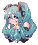  1girl aqua_hair bangs bare_shoulders blue_eyes blush commentary cropped_torso detached_sleeves eyebrows_visible_through_hair hair_between_eyes hatsune_miku headphones highres holding holding_hair long_hair long_sleeves looking_at_viewer masanaga_(tsukasa) simple_background solo tears twintails upper_body vocaloid white_background 