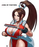  breasts brown_eyes brown_hair character_name fan fatal_fury folding_fan highres john_crayton large_breasts ninja no_bra ponytail revealing_clothes shiranui_mai smirk the_king_of_fighters upper_body 