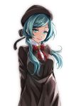  1girl arms_behind_back bangs blue_eyes blue_hair bow bowtie brown_cardigan closed_mouth dress_shirt floating_hair hatsune_miku highres long_hair long_sleeves looking_at_viewer low_twintails parted_bangs red_bow red_neckwear ren&#039;ai_saiban_(vocaloid) shiny shiny_hair shirt simple_background smile solo standing tsukishiro_saika twintails very_long_hair vocaloid white_background white_shirt 