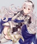  1girl armor armored_boots armored_dress black_gloves blush boots breasts cape cape_hold closed_mouth corrin_(fire_emblem) corrin_(fire_emblem)_(female) dress dutch_angle fire_emblem fire_emblem_fates floating_hair gauntlets gloves grey_background hair_between_eyes hairband haru_(nakajou-28) highres long_hair looking_at_viewer medium_breasts pointy_ears red_eyes short_dress silver_hair simple_background smile solo thigh-highs thigh_boots thighs wavy_hair 