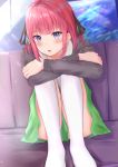  1girl :o absurdres aquarium bangs black_cardigan black_ribbon blue_eyes blunt_bangs blurry blurry_background blush butterfly_hair_ornament cardigan collared_shirt commentary_request couch eyebrows_visible_through_hair full_body go-toubun_no_hanayome green_skirt hair_intakes hair_ornament hair_ribbon highres indoors kneehighs leg_hug lens_flare light_rays looking_at_viewer nakano_nino open_cardigan open_clothes pink_hair ribbon school_uniform shadow shirt sidelocks sitting skirt solo sunbeam sunlight two_side_up umineco_1 white_legwear white_shirt 