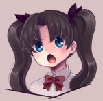  1girl bangs blue_eyes boa_(brianoa) bow bowtie brown_hair child collared_shirt eyebrows_visible_through_hair fate/zero fate_(series) grey_background hair_bow open_mouth parted_bangs purple_bow red_neckwear shirt simple_background solo toosaka_rin twintails white_shirt wing_collar 