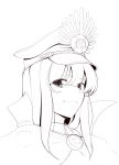  1girl bangs boa_(brianoa) cape closed_mouth eyebrows_visible_through_hair fate/grand_order fate_(series) greyscale hat high_collar highres long_hair looking_at_viewer monochrome oda_nobunaga_(fate) oda_nobunaga_(fate)_(all) peaked_cap portrait simple_background smile solo white_background 