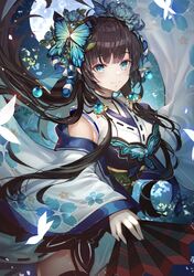  1girl bangs bare_shoulders black_hair blue_eyes breasts bug butterfly commentary_request detached_sleeves eyebrows_visible_through_hair flower hair_flower hair_ornament highres insect large_breasts long_hair long_sleeves looking_at_viewer moon original smile solo unity_(ekvmsp02) wide_sleeves 