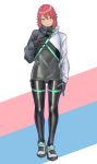  1boy blush bodysuit closed_mouth eyebrows_visible_through_hair full_body green_eyes grey_footwear hand_on_own_chest highres kilye_4421 latex_bodysuit long_sleeves looking_at_viewer original otoko_no_ko redhead shoes short_hair skin_tight smile sneakers solo 