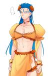  ... 1boy blue_hair cosplay crossdressinging cu_chulainn_(fate)_(all) cu_chulainn_(fate/grand_order) earrings fate/grand_order fate_(series) flower hair_flower hair_ornament hoop_earrings jewelry lancer leg_garter long_hair male_focus mata_hari_(fate/grand_order) mata_hari_(fate/grand_order)_(cosplay) midriff nishiyama_(whatsoy) pectorals puffy_short_sleeves puffy_sleeves red_eyes short_sleeves solo unamused 