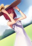  1girl absurdres blue_eyes boa_(brianoa) bracelet commentary cowboy_shot dress dutch_angle flower frilled_dress frills hands_up hat highres hisui jewelry landscape looking_at_viewer melty_blood redhead short_hair smile solo sun_hat sunflower tsukihime white_dress 