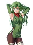  1girl absurdres armpits arms_up breasts closed_mouth elbow_gloves fire_emblem fire_emblem:_mystery_of_the_emblem gloves green_eyes green_gloves green_hair highres large_breasts long_hair palla_(fire_emblem) pantyhose simple_background solo tamamon thigh-highs white_background 