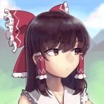  1girl boa_(brianoa) bow brown_hair closed_mouth day eyebrows_visible_through_hair hair_bow hair_tubes hakurei_reimu highres long_hair looking_to_the_side outdoors portrait red_bow solo touhou twitter_username 