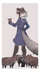  1girl alenka animal_ears black_gloves black_legwear brown_hair eyebrows_visible_through_hair facing_away full_body fur_collar fur_trim gloves grey_hair highres kemono_friends loafers long_sleeves multicolored_hair navy_blue_dress navy_blue_shirt pantyhose pleated_skirt raccoon_ears raccoon_girl raccoon_tail sailor_collar school_uniform serafuku shoes short_hair skirt solo tail tanuki tanuki_(kemono_friends) 