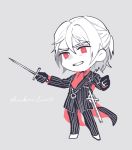  1boy antonio_salieri_(fate/grand_order) ascot black_gloves chibi coattails dagger fate/grand_order fate_(series) formal gloves half_updo hinoe_(right-hnxx03) holding holding_weapon jewelry male_focus necklace pinstripe_suit red_eyes sheath solo striped suit weapon white_hair 