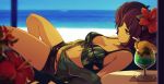  1girl bangs bare_shoulders bendy_straw bikini black_shorts blurry blurry_background blurry_foreground breasts commentary_request cup day depth_of_field diagonal_bangs drinking_glass drinking_straw eyebrows_visible_through_hair flower green_bikini green_jacket hair_flower hair_ornament horizon idolmaster idolmaster_shiny_colors jacket knees_up looking_away lying medium_breasts minyom ocean off_shoulder on_back open_clothes open_jacket outdoors purple_hair red_flower short_shorts shorts solo_focus swimsuit tanaka_mamimi tropical_drink violet_eyes water 