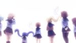  6+girls ahoge arms_behind_back black_legwear black_sailor_collar black_skirt blonde_hair brown_hair brown_sweater commentary_request facing_away from_behind hair_ornament hair_scrunchie hands_together inose_mai kneehighs koisuru_asteroid konohata_mira long_hair manaka_ao morino_mari multiple_girls nanami_yuu own_hands_together pleated_skirt ponytail prehensile_hair purple_hair sailor_collar sakurai_chikage sakurai_mikage school_uniform scrunchie serafuku shirosato shirt simple_background skirt sweater thigh-highs translation_request twintails very_long_hair white_background white_shirt yellow_scrunchie 