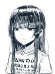  1girl bangs blunt_bangs boa_(brianoa) born_to_die_world_is_a_fuck closed_mouth english_text engrish_text eyebrows_visible_through_hair furrowed_eyebrows greyscale highres long_hair meme monochrome original ranguage shirt short_sleeves simple_background solo white_background 
