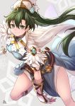  1girl bare_legs belt blue_dress boots breasts cape closed_mouth dress earrings feather-trimmed_sleeves feather_trim fingerless_gloves fire_emblem fire_emblem:_the_blazing_blade fire_emblem_heroes flower gauntlets glint gloves green_eyes green_hair grey_background hair_between_eyes hair_flower hair_ornament highres jewelry jumping katana knee_boots long_hair looking_at_viewer lyn_(fire_emblem) medium_breasts nakabayashi_zun patterned_background pelvic_curtain ponytail scabbard sheath short_sleeves side_slit signature smile solo sword thighs unsheathed weapon white_gloves 