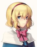  1girl alice_margatroid blonde_hair blue_dress blue_eyes boa_(brianoa) bow bowtie capelet closed_mouth dress eyebrows_visible_through_hair hair_between_eyes hairband highres looking_at_viewer pink_neckwear red_hairband short_hair simple_background solo touhou white_background white_capelet 