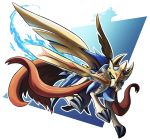  brown_eyes claws creature dog dog_focus full_body gen_8_pokemon hftran1203 highres jumping legendary_pokemon looking_at_viewer mouth_hold no_humans pokemon pokemon_(creature) solo sword weapon zacian 