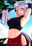  1girl absurdres animal_ears armpits arms_up black_legwear blue_sky breasts clothes_removed crop_top day fang hair_between_eyes hat headwear_removed highres indica inubashiri_momiji looking_at_viewer medium_breasts midriff navel one_eye_closed open_mouth outdoors red_eyes red_headwear red_skirt short_hair skirt sky sleeveless solo tail thick_eyebrows thigh-highs tokin_hat touhou turtleneck undressing wet wet_clothes white_hair wolf_ears wolf_tail 