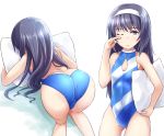  1girl all_fours ass bangs black_hair blue_swimsuit brown_eyes casual_one-piece_swimsuit commentary_request cowboy_shot flat_chest girls_und_panzer hairband highres kitayama_miuki long_hair looking_at_viewer multiple_views one-piece_swimsuit one_eye_closed pillow pillow_hug reizei_mako simple_background swimsuit turtleneck white_background white_hairband 