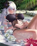  1girl absurdres azur_lane bangs bikini black_bikini black_flower black_swimsuit blush breasts commentary crossed_bangs flower graf_zeppelin_(azur_lane) graf_zeppelin_(beachside_urd)_(azur_lane) hair_between_eyes hair_flower hair_ornament hibiscus highres hsh_thx lace lace-trimmed_bikini large_breasts lotus lying navel navel_cutout on_back partially_submerged red_eyes red_flower solo sweatdrop swimsuit water waterfall wet white_flower white_hair 