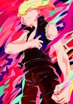  1boy absurdres bare_shoulders blonde_hair colorful earrings fire green_fire highres jewelry lio_fotia male_focus multicolored_fire promare purple_fire red_fire short_hair solo tears vest white2013 