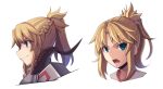  1girl armor blonde_hair boa_(brianoa) braid breastplate eyebrows_visible_through_hair fate/apocrypha fate_(series) french_braid grey_shirt highres looking_at_viewer mordred_(fate) mordred_(fate)_(all) multiple_views open_mouth ponytail profile shirt sidelocks smile smug transparent_background 