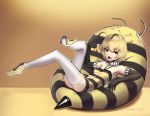  1girl antennae bare_shoulders bean_bag_chair bee_costume black_gloves blonde_hair boa_(brianoa) breasts cherry commentary detached_collar dress english_commentary eyebrows_visible_through_hair fang food fruit fur_collar fur_trim gloves halterneck hand_up highres holding holding_food holding_fruit leaning_back looking_at_viewer open_mouth original red_eyes short_dress short_hair small_breasts solo striped striped_dress thigh-highs twitter_username white_legwear yellow_theme 