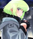  1boy blush can canned_coffee coat gloves green_hair holding holding_can jacket lio_fotia looking_at_viewer male_focus mittens ns1123 open_mouth promare scarf short_hair solo violet_eyes 