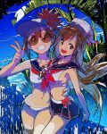  2girls apapico baseball_cap bikini bikini_skirt brown_hair fence green_eyes hat highres jewelry leaf looking_at_viewer multiple_girls navel necklace original plant ribbon sailor_bikini sailor_collar sailor_hat side-tie_bikini skirt smile sunglasses swimsuit v wheel 