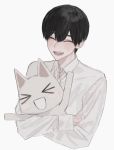  &gt;_&lt; 1boy :d black_hair cat closed_eyes collared_shirt facing_viewer grey_background hirota_tsuu long_sleeves male_focus necktie open_mouth original pink_neckwear shirt simple_background smile solo upper_body usuzumi_kei white_shirt wing_collar 