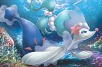  blue_eyes bubble closed_mouth creature eyelashes full_body gen_7_pokemon green_hair himeno_kagemaru long_hair no_humans official_art pokemon pokemon_(creature) pokemon_trading_card_game primarina rock smile solo third-party_source tied_hair underwater water 