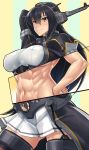  1girl abs arm_up ass_visible_through_thighs black_gloves black_hair brown_eyes clenched_hand commentary_request covered_nipples elbow_gloves gloves hand_on_hip headgear kantai_collection long_hair looking_at_viewer meat_day mikoyan miniskirt muscle muscular_female nagato_(kantai_collection) navel pleated_skirt remodel_(kantai_collection) skirt smile solo thigh-highs white_skirt x-ray 