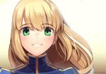  1girl ahoge alternate_hairstyle artoria_pendragon_(all) blonde_hair blue_dress blush boa_(brianoa) dress eyebrows_visible_through_hair fate/stay_night fate_(series) green_eyes highres long_hair looking_at_viewer portrait saber smile solo turtleneck twitter_username yellow_background 
