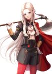 1girl absurdres aiguillette axe bangs black_shorts breasts cape csc00014 edelgard_von_hresvelg fire_emblem fire_emblem:_three_houses garreg_mach_monastery_uniform gloves hair_ribbon hand_on_hip highres long_hair long_sleeves looking_at_viewer neckerchief over_shoulder pantyhose parted_bangs red_legwear ribbon shorts silver_hair simple_background small_breasts solo violet_eyes weapon weapon_over_shoulder white_background white_gloves 