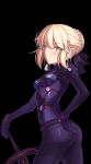  1girl :&lt; absurdres alternate_costume artoria_pendragon_(all) ass black_background blonde_hair blush boa_(brianoa) bodysuit braid braided_bun breasts closed_mouth cowboy_shot dark_excalibur eyebrows_visible_through_hair fate/stay_night fate_(series) hair_ribbon hand_on_hilt hand_on_hip highres holding holding_sword holding_weapon impossible_bodysuit impossible_clothes looking_at_viewer looking_back purple_bodysuit purple_ribbon ribbon saber_alter sidelocks simple_background skin_tight small_breasts solo sword weapon yellow_eyes 