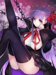  1girl ass bangs bb_(fate)_(all) bb_(fate/extra_ccc) black_legwear black_skirt blurry blurry_background breasts chain closed_mouth eyebrows_visible_through_hair fate/extra fate/extra_ccc fate_(series) flower gloves hair_ribbon half_updo hand_on_own_chin high-waist_skirt highres large_breasts leg_up legs_up long_hair long_sleeves looking_at_viewer panties pantyshot pantyshot_(sitting) pleated_skirt popped_collar purple_background purple_hair red_ribbon revision ribbon shirt sitting skirt smile solo straight_hair taishi_(picchiridou) thigh-highs thighs underwear upskirt very_long_hair violet_eyes white_gloves white_panties white_shirt wide_sleeves 