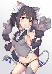  animal_ear_fluff animal_ears bare_shoulders bell black_hair black_panties blush breasts cat_ears cat_tail eyebrows_visible_through_hair fate/kaleid_liner_prisma_illya fate_(series) fur_trim grey_legwear grey_shirt hair_between_eyes hair_ornament hairclip highres long_hair medium_breasts medium_hair miyu_edelfelt navel open_mouth panties revision ribbon shirt sideboob simple_background solo tail tail_ribbon thigh-highs thighs underwear white_background y3010607 