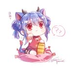  1girl ?? animal_ears arknights bangs black_shorts blue_hair blush_stickers cat_ears ch&#039;en_(arknights) chibi china_dress chinese_clothes double_bun dragon_horns dragon_tail dress eyebrows_visible_through_hair hair_between_eyes horns keluy long_hair red_dress red_eyes shorts signature sitting sleeveless solo tail wariza white_background 