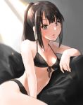  1girl bikini black_bikini black_hair breasts couch cowboy_shot front-tie_top green_eyes highres idolmaster idolmaster_cinderella_girls k_concord light_beam long_hair looking_at_viewer ponytail shibuya_rin sitting small_breasts solo swimsuit 