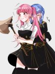  2girls axe belt blue_hair blush braid closed_eyes closed_mouth crown_braid fire_emblem fire_emblem:_three_houses garreg_mach_monastery_uniform grey_background highres hilda_valentine_goneril holding holding_axe hug hug_from_behind long_hair long_sleeves marianne_von_edmund multiple_girls pink_eyes pink_hair simple_background thigh-highs twintails twitter_username uniform yuri yutohiroya 