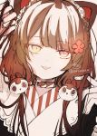  1girl animal_ears arm_up black_kimono brown_background brown_collar brown_eyes brown_hair commentary_request dog_ears dog_hair_ornament fangs hand_in_hair hand_up heterochromia highres inui_toko japanese_clothes kimono long_hair looking_at_viewer low_twintails nijisanji parted_lips red_eyes signature simple_background smile sofra solo twintails twitter_username upper_body virtual_youtuber 