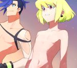  2boys blue_eyes blue_hair earrings galo_thymos green_hair hands_on_hips jewelry lio_fotia male_focus multiple_boys ns1123 open_mouth pants promare shirtless short_hair smile spiky_hair violet_eyes 